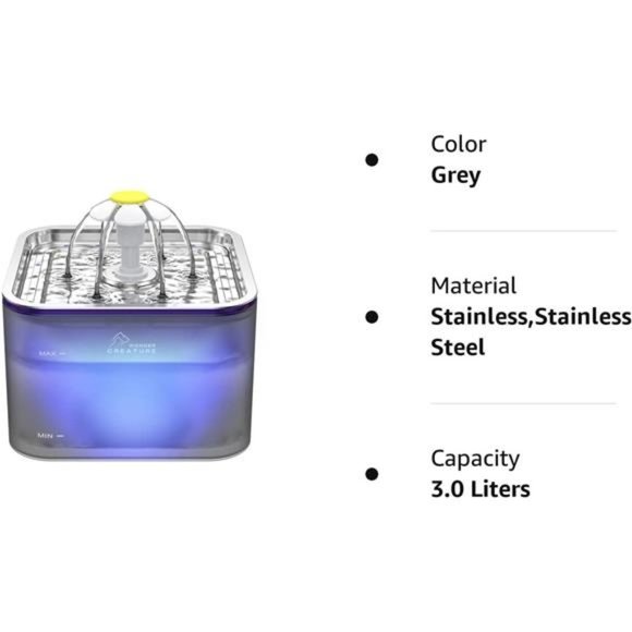 Crystal Cat Water Fountain Stainless Steel, 100oz/3L Pet Fountain with LED Light - Picture 7 of 7